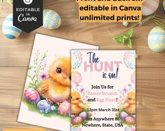 The Hunt is on!  Easter Party Invitation, Editable and Printable Easter Invitation template 5x7 Front and Back