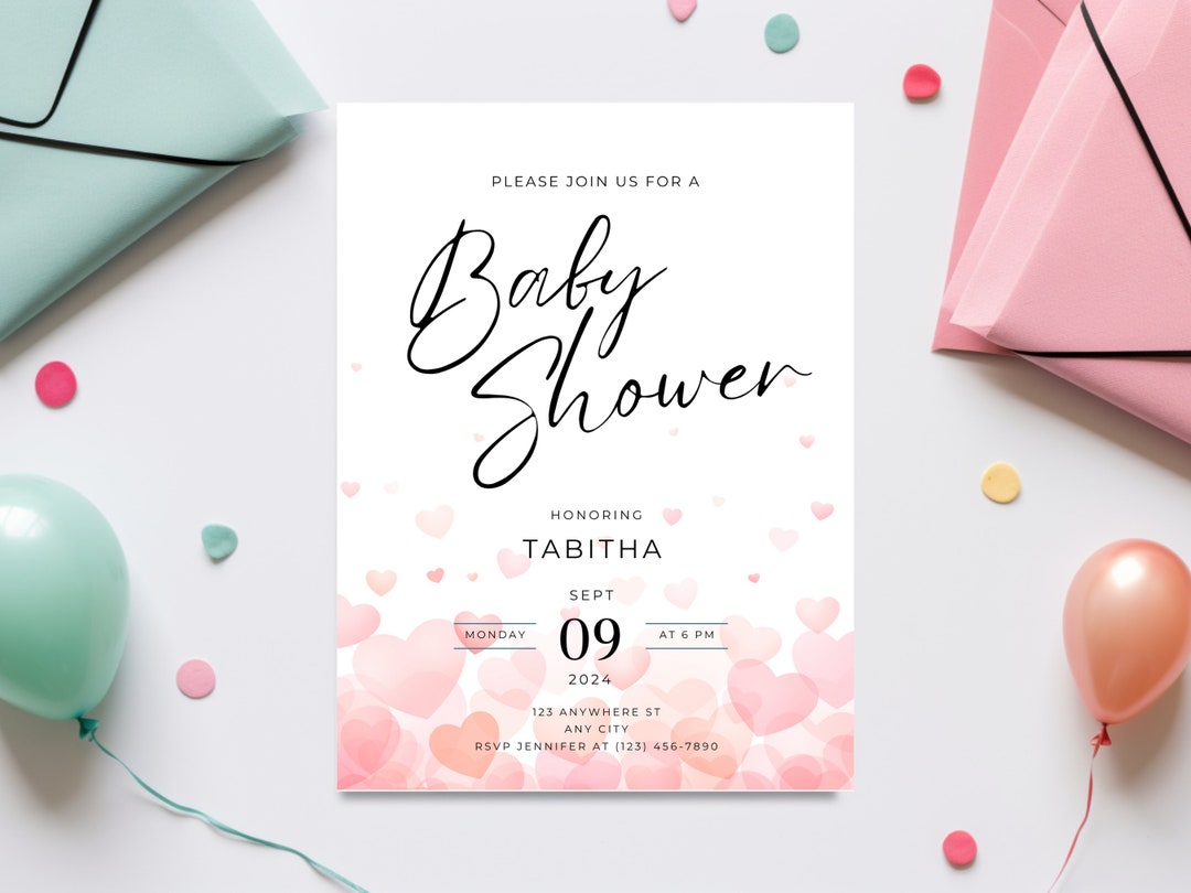 Valentine Simple Baby Shower Invitation Template, Cute Hearts Baby