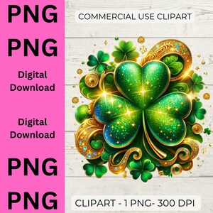 Trevo verde e dourado PNG, conjunto de dia dos namorados, arte estacionária, designs de camisetas, decoração de diário, design de sublimação, clipart de ST Patty