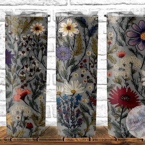 Diseño sin costuras bordado de flores silvestres - Diseño de sublimación de envoltura de vaso delgado de 20 oz, PNG DIGITAL SOLAMENTE, Envoltura de vaso, Digital