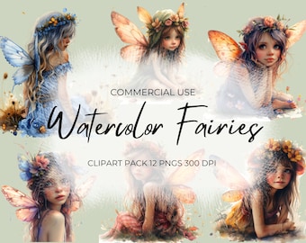 Watercolor Fairies Clipart PNG, Commercial Use Clip Art, Fanciful Fairies Clipart Pack, Fairies Set, Stationary Art , 12 PNG, Journal Art