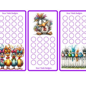 May include: Three budget trackers with a purple border. Each tracker has circles for tracking expenses. The trackers feature whimsical illustrations of chickens and birds. The text "Bear Made Budgets" is at the top and bottom of the trackers.