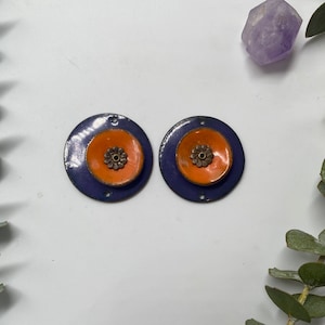 Enamel components, purple and orange enamels, earring components