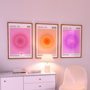 Angel Numbers Aura Poster Printable Set for 111 222 333, Aesthetic Room Decor Trendy Spiritual Aura Energy Set of 3 Prints Gradient Wall Art