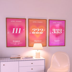 Angel Numbers Aura Poster Printable Set for 111 222 333, Aesthetic Room Decor Trendy Spiritual Aura Energy Set of 3 Prints Gradient Wall Art