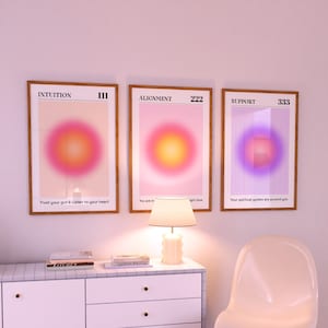 Angel Numbers Aura Poster Printable Set for 111 222 333, Aesthetic Room Decor Trendy Spiritual Aura Energy Set of 3 Prints Gradient Wall Art