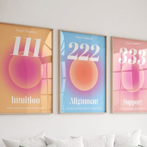 Angel Numbers Aura Poster Printable Set for 111 222 333, Aesthetic Room Decor Trendy Spiritual Aura Energy Set of 3 Prints Gradient Wall Art