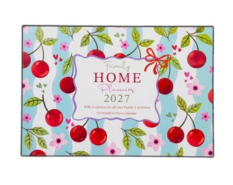 May include: A 2027 family home planner calendar with a light blue wavy striped background featuring a pattern of red cherries, green leaves, and small pink flowers. The center text reads Family HOME Planner 2027 with 5 columns for all your Family's Activities A3 Month to View Calendar.