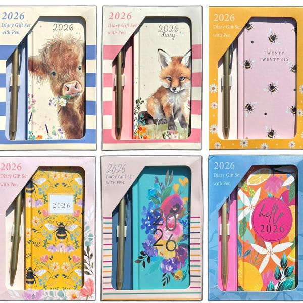 2026 Slim / Slimline Week to View Full Year Padded Hardback Cow / Puppy / Floral Diary with Pen Planner Gift Set