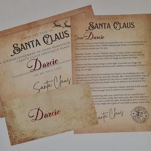 Personalised Letter From Santa, Nice List Certificate & Matching Envelope: Vintage Style, Red Glitter Writing