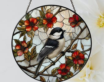 Chickadee Bird With Red Flowers Stained Glass Suncatcher, Glass Suncatcher, Stained Glass Hanging, Stained Glass Round, Indoor Home Decor