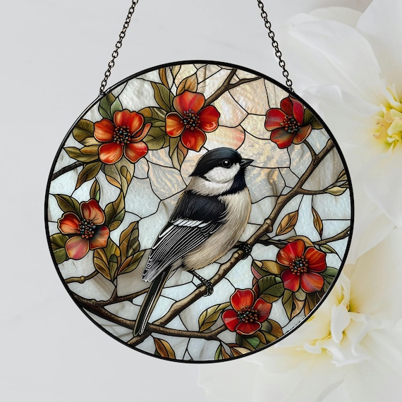 Chickadee Stained Glass Suncatcher, Stained Glass Bird, Chickadee Bird Decor, Bird Suncatcher, Window Hanging, Cottage Decor, Bird Gift