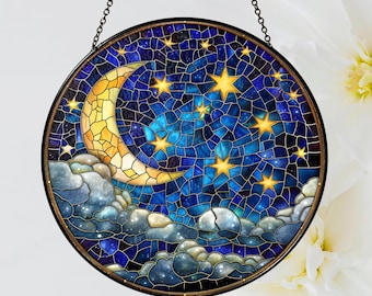 Moon and Star Stained Glass Suncatcher, Celestial Suncatcher, Night Sky Decor, Moon Decor, Witchy Decor, Moon Phase Decor, Star Lover Gift