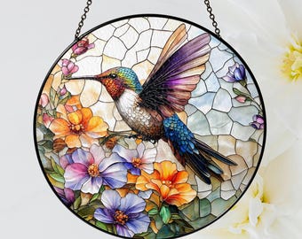 Solfångare i färgat glas med kolibri och blommor, handgjord blommig fönsterhänge, naturinspirerad fågeldekor, färgglad trädgårdspresent
