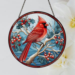 Red Cardinal Bird Stained Glass Suncatcher, Northern Cardinal Red Bird, Window Hanging Decor, Stained Glass Hanging, Gifts for Mothers Day