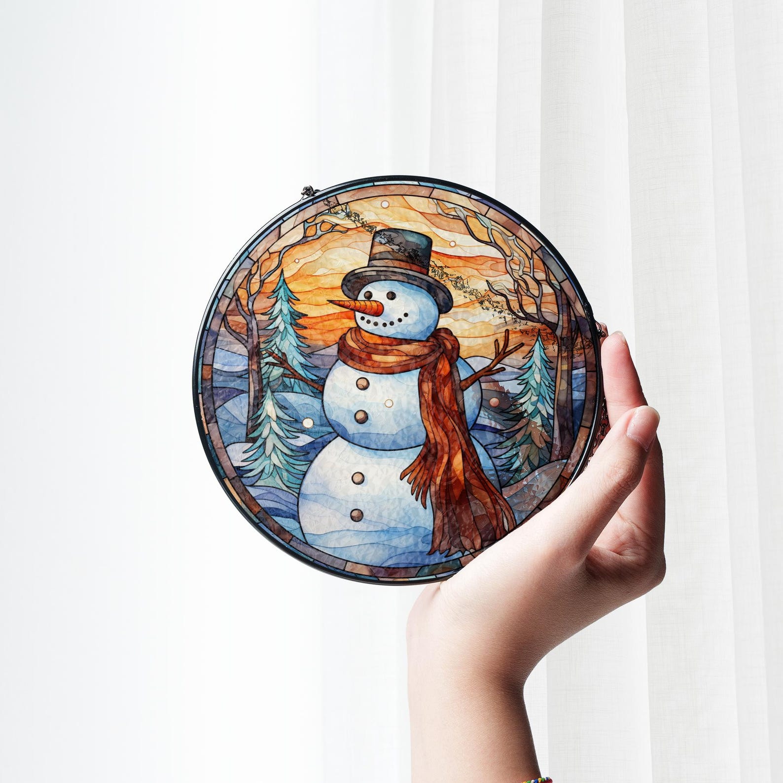 Christmas Snowman Stained Glass Suncatcher, Winter Window Hanging Decor ...