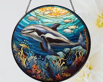 Whale Stained Glass Suncatcher, Handmade Whale Window Decor, Ocean Art, Marine Life Gift, Sea Animal Hanging, Beach House,Coastal Decor Gift