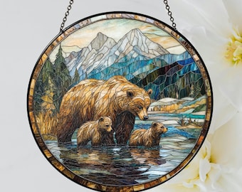 Grizzly Bear Stained Glass Suncatcher, Mama Bear with Two Cubs, Rustic Wildlife Window Decor, Handmade Nature Gift, Cabin Wall Art