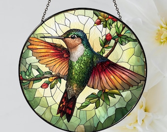 Atrapasol de vitral con colibrí y flores, decoración vibrante para ventana con diseño de aves, colorida decoración floral, regalo inspirado en la naturaleza, adorno colgante para ventana