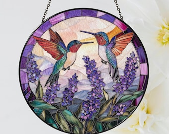 Hummingbirds And Lavender Flowers Stained Glass Suncatcher, Stained Glass Birds, Wall Hanging Ornament, Mothers Day Gift, Glass Sun Catcher
