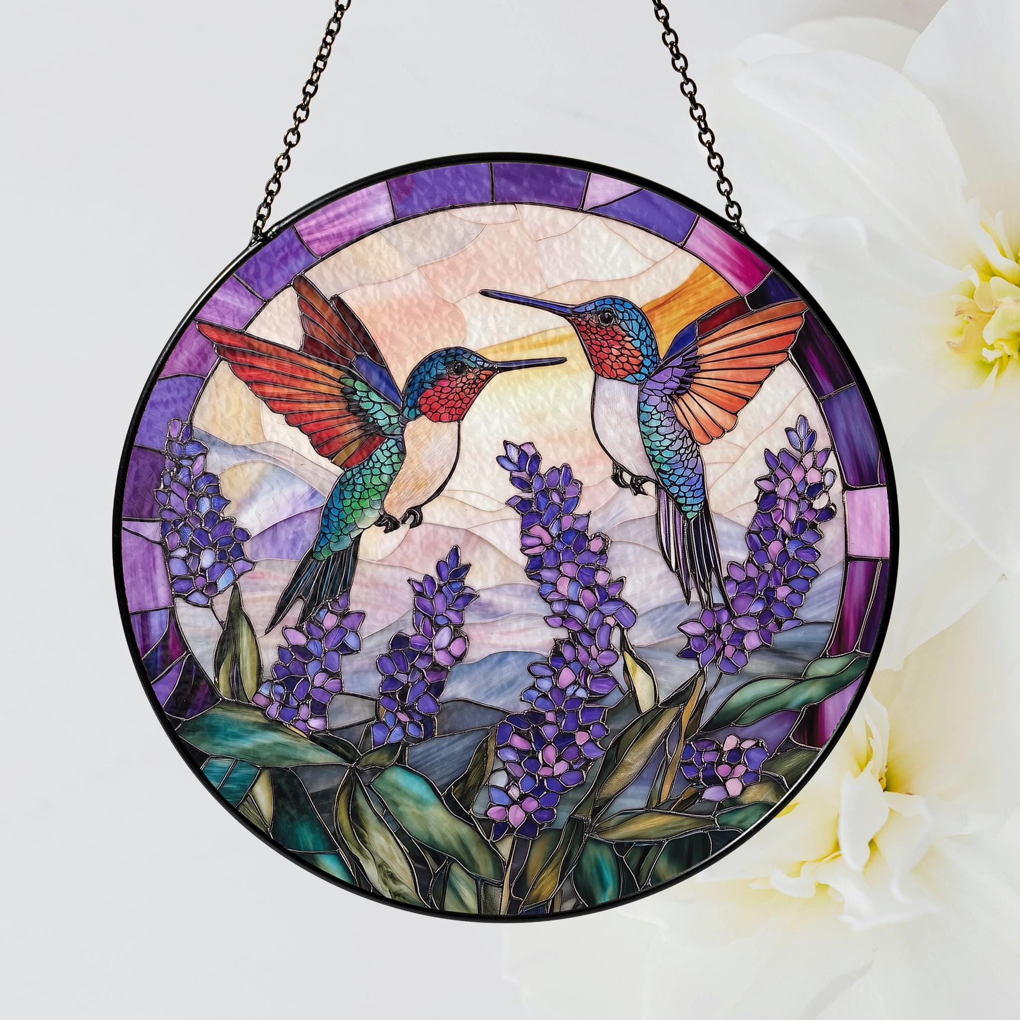 Hummingbirds And Lavender Flowers Stained Glass Suncatcher, Stained Glass Birds, Wall Hanging Ornament, Mothers Day Gift, Glass Sun Catcher
