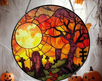 Halloween Stained Glass Suncatcher, Spooky Home Decor, Halloween Suncatcher, Halloween Ornament Suncatcher,Halloween Gift,Stained Suncatcher