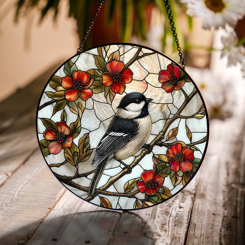 Puede incluir: Una ventana de vidrio emplomado colgante presenta un p&aacute;jaro blanco y negro posado en una rama con flores rojas. El fondo es un vidrio iridiscente blanco y dorado.