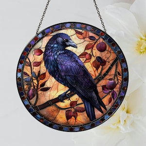 Raven Stained Glass Suncatcher, Gothic Crow Decor, Autumn Window Decor, Bird Lover Gift, Halloween Suncatcher, Crow Gift, Raven Gift