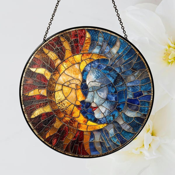 Sun & Moon Stained Glass Suncatcher, Sun and Moon with Faces, Celestial Dream Ornament, Handmade Mystic Gift, Spiritual Window Decor, Cosmic