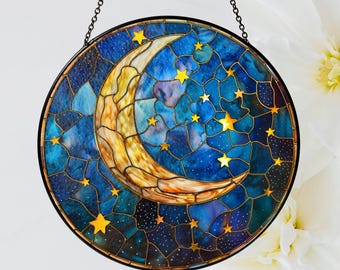 Moon and Stars Stained Glass Suncatcher, Celestial Suncatcher, Crescent Moon Decor, Night Sky Window Hanging, Star Lover Gift, Moon Decor