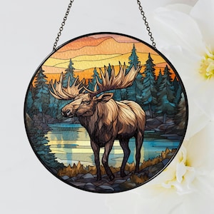 Gebrandschilderd glas-suncatcher eland, rustiek raamdecoratie, dierenornament natuurthema, uniek cadeau voor moeder, cabinedecor Sun Catcher