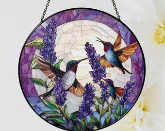 Hummingbirds And Lavender Flowers Stained Glass Suncatcher, Mothers Day Gift, Stained Glass Birds, Wall Hanging Ornament, Glass Sun Catcher