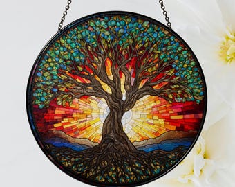 Levensboom gebrandschilderd glas Suncatcher, raam hangen, spiritueel cadeau, boho decor, natuurliefhebber cadeau, cadeau voor haar, Suncatcher raamdecoratie