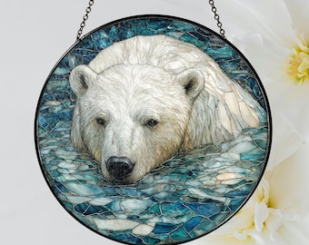 Polar Bear Stained Glass Suncatcher, Polar Bear Glass Art, Bear Window Hanging, Gift for Bear Lovers, Wildlife Window Decor, Winter Gift