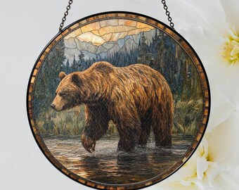 Grizzly Bear Stained Glass Suncatcher, Mountain Lake Wildlife Decor, Cabin Window Art, Bear Lover Gift, Woodland Accent,Nature Decor Gift