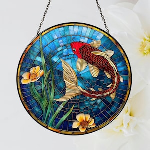Koi Fish Stained Glass Suncatcher, Handmade Japanese Window Art, Aquatic Home Decor, Garden Accent, Unique Gift for Nature and Water Lovers