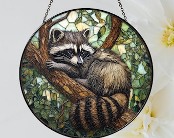 Raccoon Stained Glass Suncatcher, Raccoon Window Decor, Wildlife Glass Art, Raccoon Lover Gift, Nature Home Decor, Sun Catcher Gift