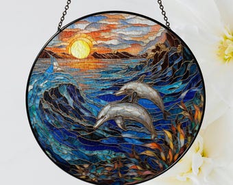 イルカのステンドグラスのサンキャッチャー：海のアート窓飾り - Etsy 日本