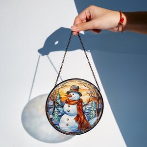Christmas Snowman Stained Glass Suncatcher, Winter Window Hanging Decor ...