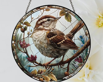 Łapacz słońca z witrażem w kształcie wróbla, kwiaty witrażowe, zawieszka witrażowa, prezent dla niej, ozdoba ścienna, dekoracja wnętrz