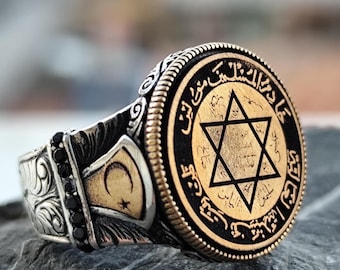 Anillo de plata con el sello redondo de Salomón, anillo de plata con la estrella de David hecha a mano, joyas del rey Salomón, anillo con el sello grabado de Solimán, regalo para él