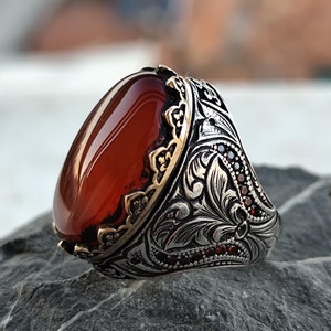 925 Sterling Silver Ring with Stone, Red Agate Silver Men Ring, Unique Red Gemstone Ring for Men, Fathers Day Gift, Authentic Silver Jewelry