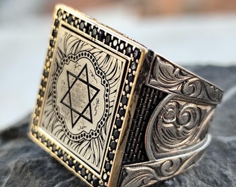 Anillo de plata con el sello de Salomón grabado, anillo de plata con la estrella de David hecho a mano, joyería del rey Salomón, anillo de plata con el sello de Suleiman, regalo para hombres