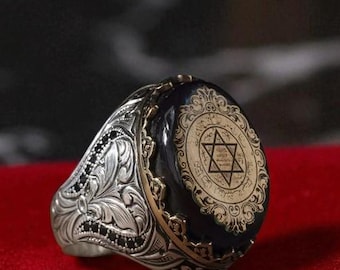 Anillo de plata con el Sello de Salomón, anillo de plata hecho a mano con la Estrella de David, joyería del Rey Salomón, anillo grabado con el Sello de Solimán, anillo místico con piedras preciosas