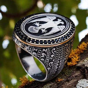 Oval Seljuk Eagle Ring – Double-Headed Eagle Engraved Silver Ring with Black Zircon – 925 Sterling Silver Warrior Ring – Bold Gift for Him