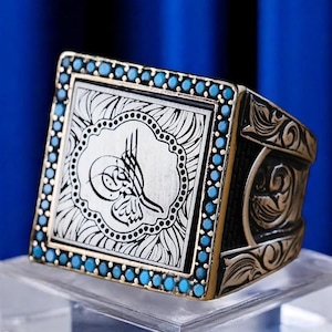Ottoman Tughra Silver Ring – 925 Sterling Ring with Tiny Turquoise Stones – Engraved Turkish Ring for Men – Handmade Islamic Gift for Him