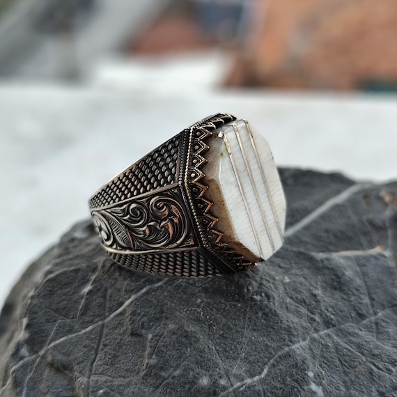925 Sterling Silver Ring Gift for Men, White Gemstone Ring