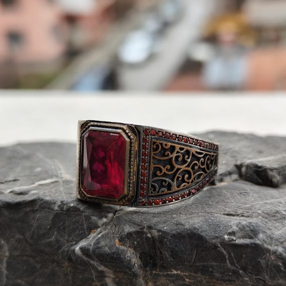 Real Red Zircon Gemstone Silver Ring, Handmade Mens Ring, Gift for