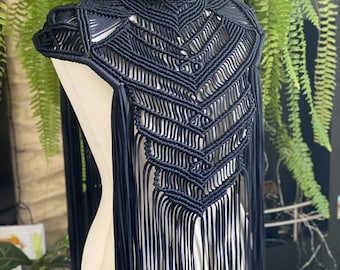 Black Macrame Elven Cape | Handmade Boho Harness Wrap | Festival Shoulder Accessory | Fringe Macrame Capelet