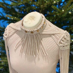 Ecru Macrame Shoulder Harness with Gold Thread | Boho Fringe Epaulettes | Handmade Statement Accessory | Festival or Bridal Look